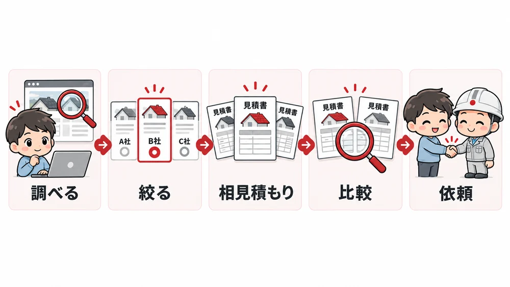 業者選びの流れ:調べる・絞る・相見積もり・比較・依頼